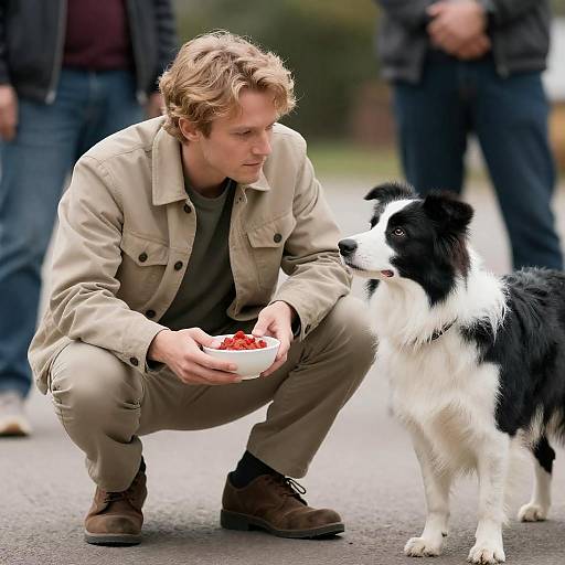 Focused Man with Border Collie and Food