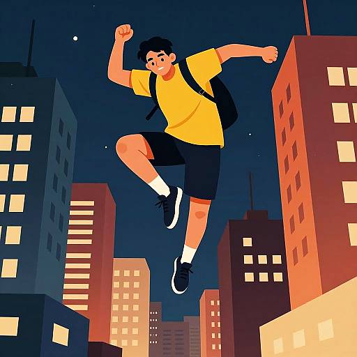 Young Man Leaping Between Skyscrapers at Night