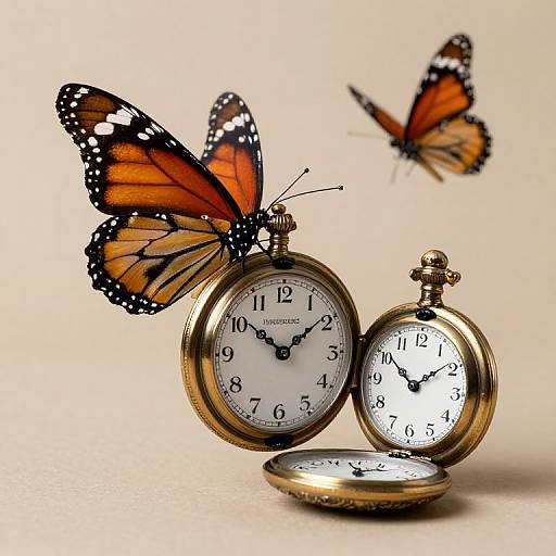 Photograph of two gold pocket watches with white faces, one open showing numbers, two orange and black monarch butterflies, one on watch, one hovering above