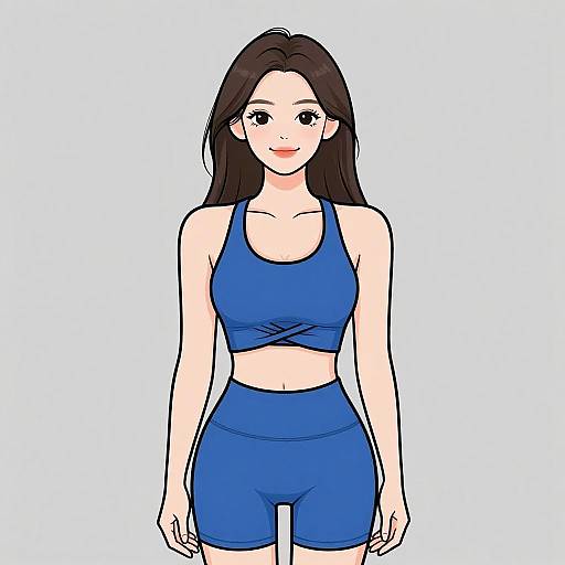 Digital anime-style drawing of a smiling young woman with long black hair, wearing a blue sports bra and matching high-waisted shorts.