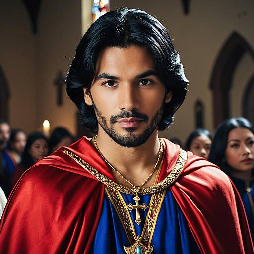 Man in Iago Aladdin Costume with Cross Necklace in Church