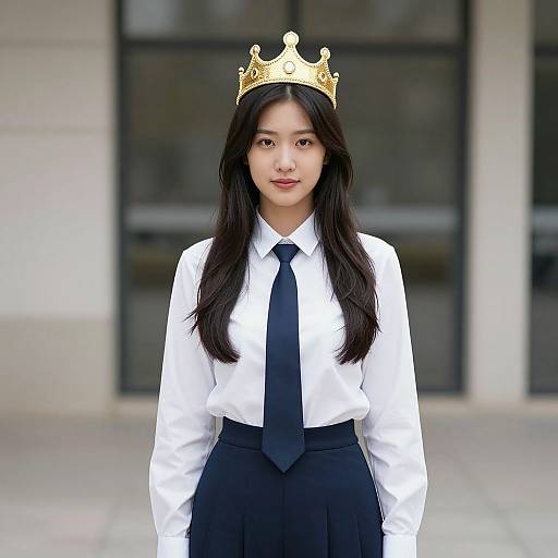 Photograph of an Asian woman with long black hair, wearing a gold crown, white shirt, black tie, and black skirt, standing in front of