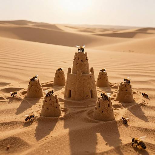 Photograph of intricately carved sandcastle with multiple towers, topped with small figurines, surrounded by ants, in a golden sunset desert.