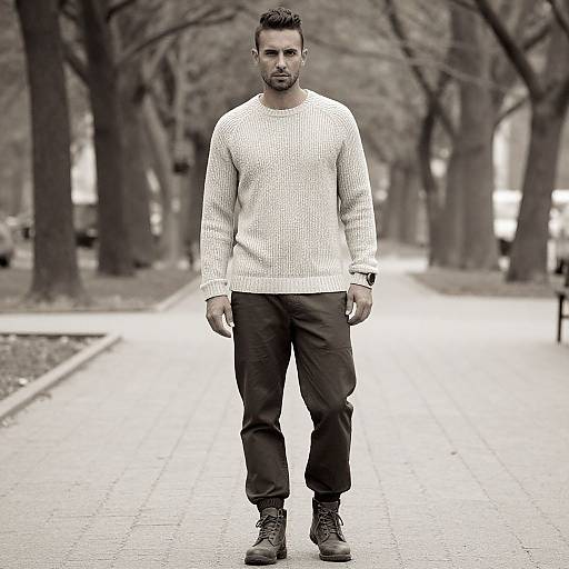 Black-and-white photograph of a bearded man with short dark hair, wearing a white knit sweater, dark pants, and boots, standing on a tree