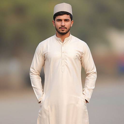 Photograph of a young South Asian man with a trimmed beard, wearing a white traditional long kurta and a gray cap, standing with hands in pockets