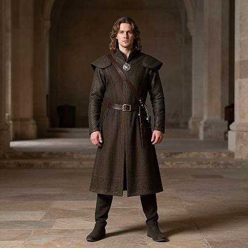 Photograph of a tall, handsome man with long brown hair, wearing a black, textured medieval coat, standing in a dimly lit stone hallway.