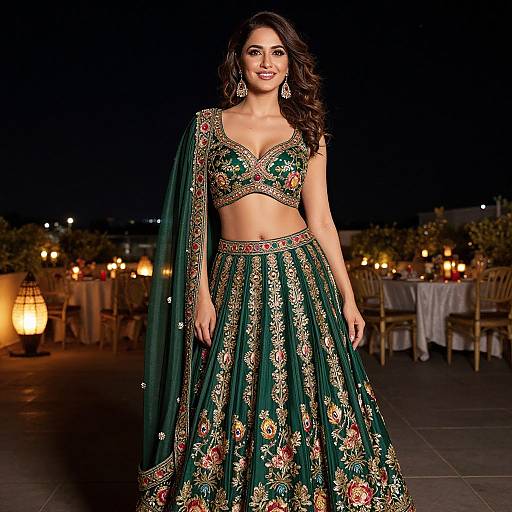 Photograph of a smiling South Asian woman in a green, gold-embroidered traditional lehenga and crop top, with a matching dupatta,