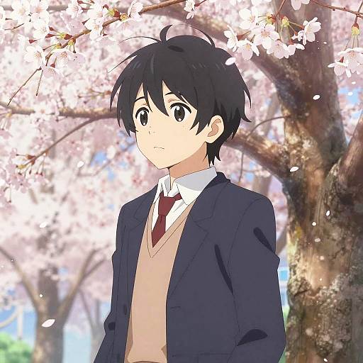 Anime-style digital drawing of a young boy with black hair, wearing a blue blazer, beige sweater, and red tie, standing under blooming cherry