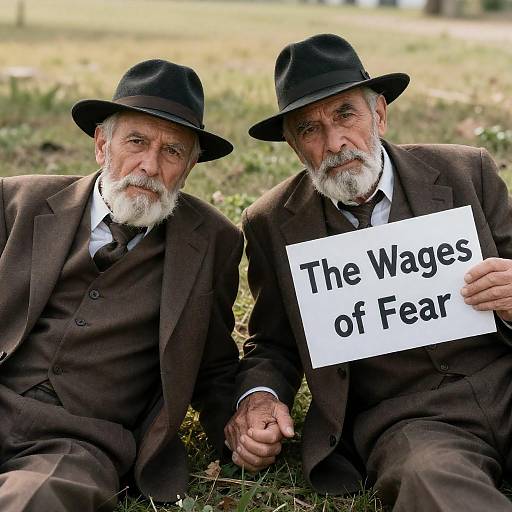 Elderly men holding sign 'The Wages of Fear'