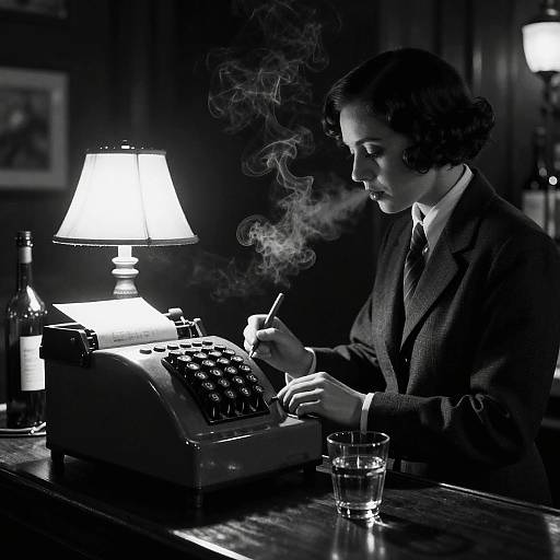 Black-and-white photograph of a 1940s-style woman in a suit, smoking while typing on an old typewriter under a lit lamp. Glass