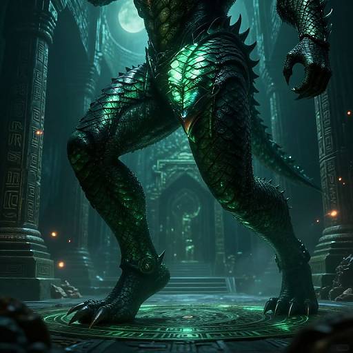CGI image of a dark, scaly, humanoid creature with glowing green accents standing in a futuristic, gothic cathedral under a moonlit sky.