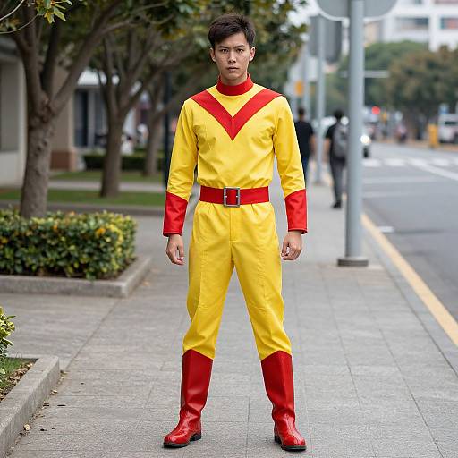 Photograph of an Asian man in a yellow and red superhero suit with red boots and belt, standing on a city sidewalk. Urban background with trees and