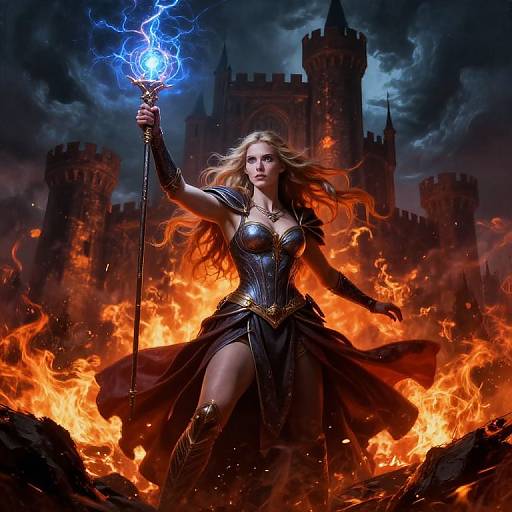 Digital fantasy artwork: Blonde warrior woman in black armor with glowing blue magic staff, standing amidst fiery destruction, castle in dark, stormy background.