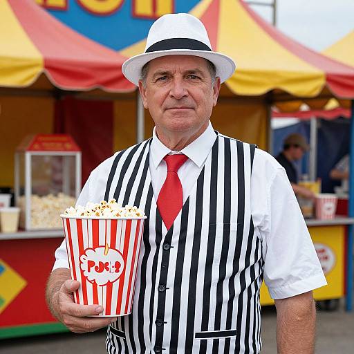 Photograph of an older man in a white hat, black-and-white striped vest, white shirt, red tie, holding a red-striped popcorn bucket,