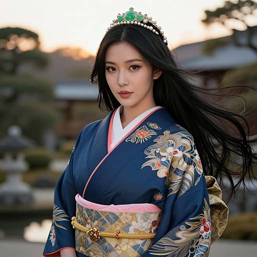 Photograph of an East Asian woman with long black hair, wearing a detailed navy blue kimono with gold and floral patterns, and a green hairpiece