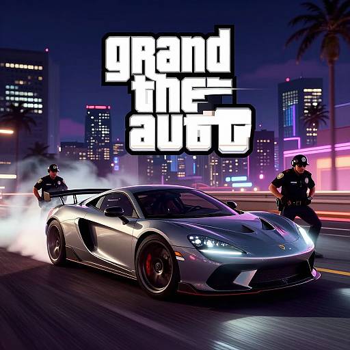 Digital artwork of a silver sports car with neon lights, speeding through a neon-lit city at night. Two police officers in black uniforms stand on either