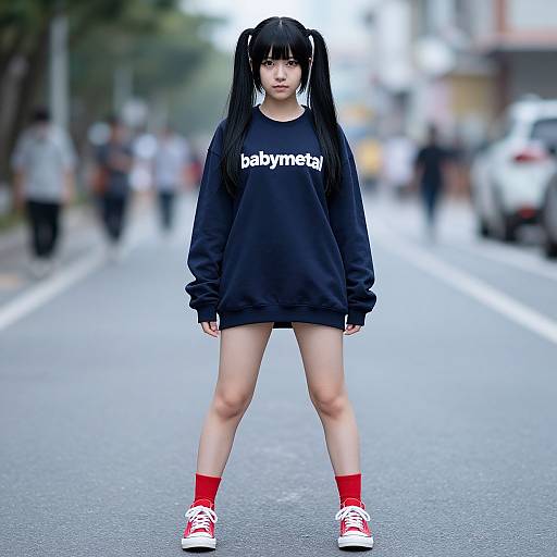 Photograph of an Asian woman with long black pigtails, wearing an oversized black 