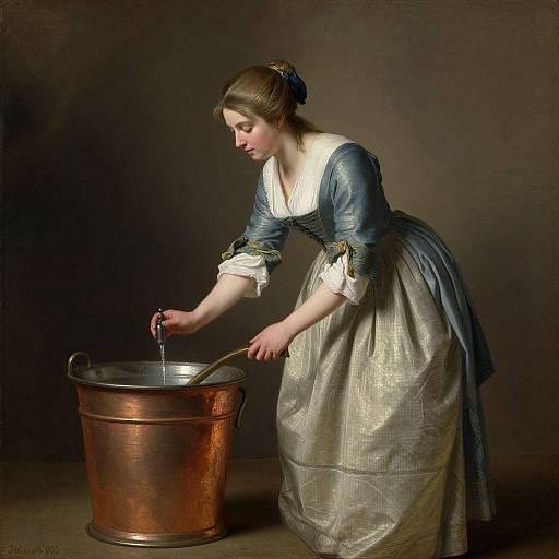 Photorealistic painting of a young woman in blue and white 18th-century dress, pouring water from a ladle into a copper pot, dark