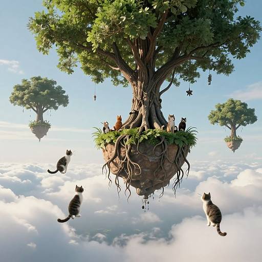 Fantasy illustration of floating trees with cats, one on a root island, surrounded by fluffy clouds and a bright blue sky.