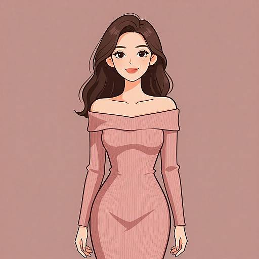 Digital illustration of a smiling woman with long brown hair, wearing an off-shoulder pink ribbed dress, standing against a solid pink background.