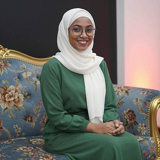 Smiling Woman in Green Dress and Hijab