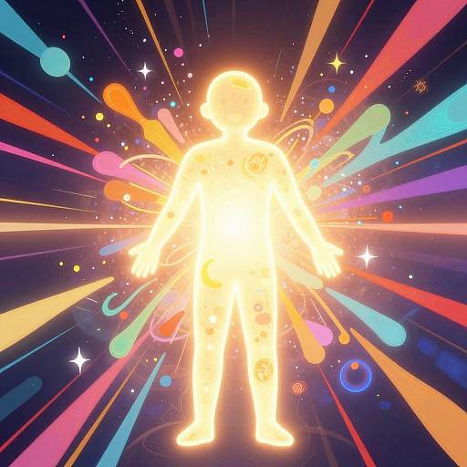 Brightly glowing silhouette of a person with colorful, radiant beams and abstract shapes in a cosmic, starry background. Digital art.