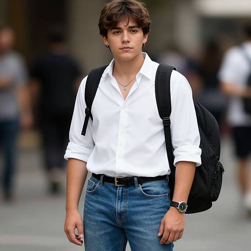 Photograph of a young man with short brown hair, wearing a white button-up shirt, blue jeans, black backpack, and wristwatch, standing in