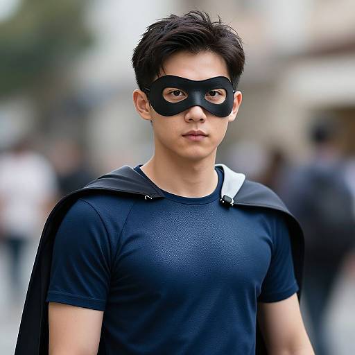 Photograph of an Asian man with short black hair, wearing a black mask and black shirt, standing in a blurred urban background. Blurred figures and