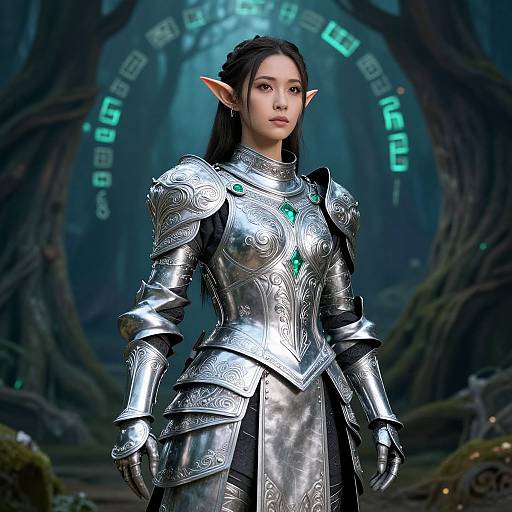 Digital art of an elf woman with long black hair, wearing detailed silver armor with green gem accents, standing in a mystical forest with glowing blue runes in