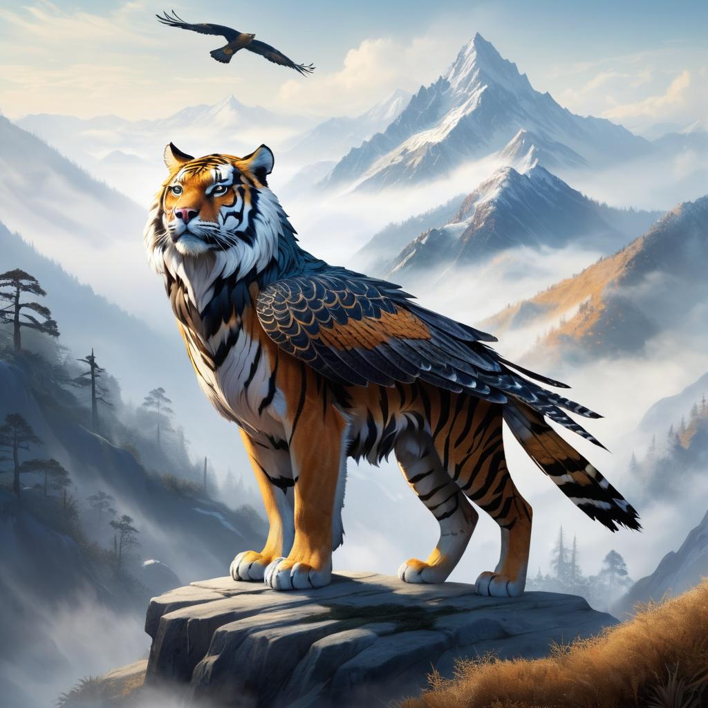 Majestic Hawk-Tiger Hybrid in Misty Mountains