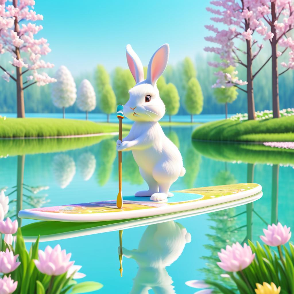 Bunny on Paddle Board in Spring Landscape