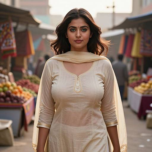Photograph of a confident Indian woman with medium-dark skin, black wavy hair, and green eyes, wearing a cream-colored traditional kurta with a