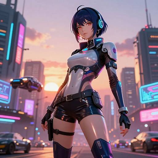 Cyberpunk anime-style digital art of a confident, blue-haired woman in futuristic armor and headphones, standing in a neon-lit city street at sunset