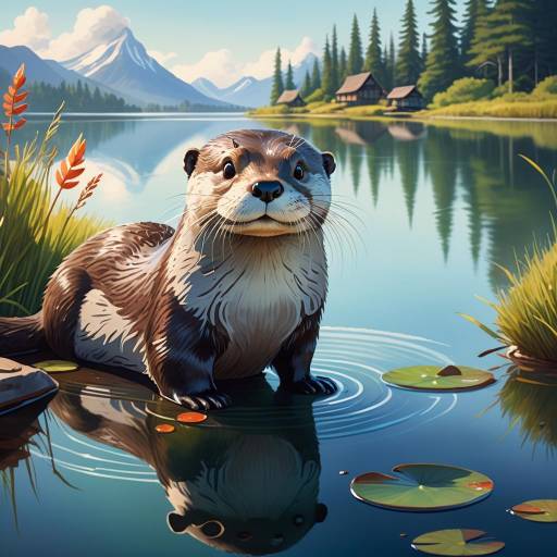 Serene Otter Painting by a Lake Serene Otter Painting by a Lake