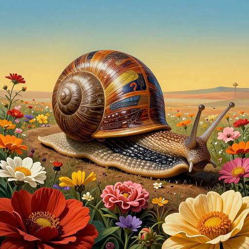 Vibrant digital illustration of a patterned snail with metallic, colorful shell gliding through a vivid, blooming flower field at sunset.