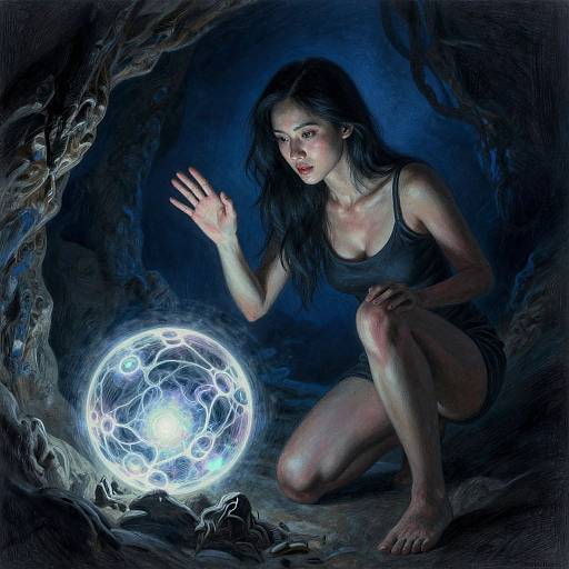 Digital artwork of a dark-haired woman in a black tank top and shorts, crouching in a cave, reaching towards a glowing, blue, orb