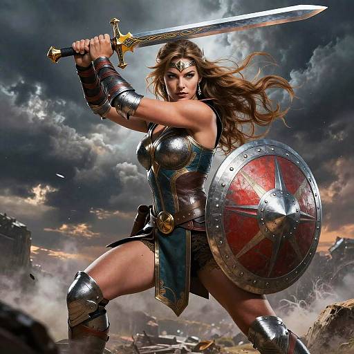 Digital artwork of powerful Wonder Woman in metallic armor, wielding sword and shield, with flowing brown hair, stormy sky, and battlefield ruins.