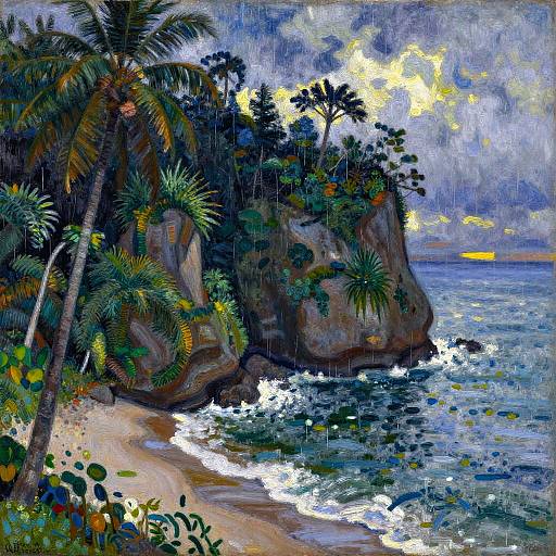 Vibrant oil painting of a tropical beach at sunset, featuring lush palm trees, rocky cliffs, and sparkling ocean waves under a stormy, cloud