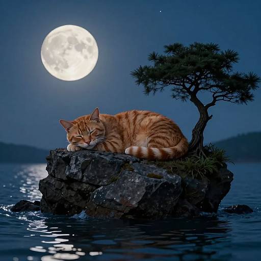 Photograph of a sleeping orange tabby cat on a rock in a moonlit lake, with a small tree to the right. Full moon shines brightly
