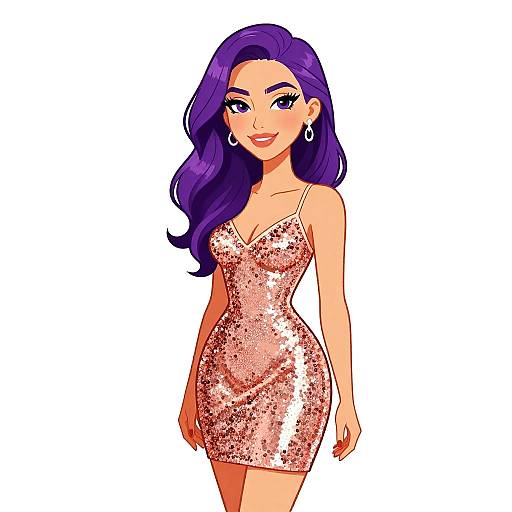 Digital cartoon of a confident woman with long purple hair, wearing a sparkly pink sequin dress, silver hoop earrings, and red lipstick.