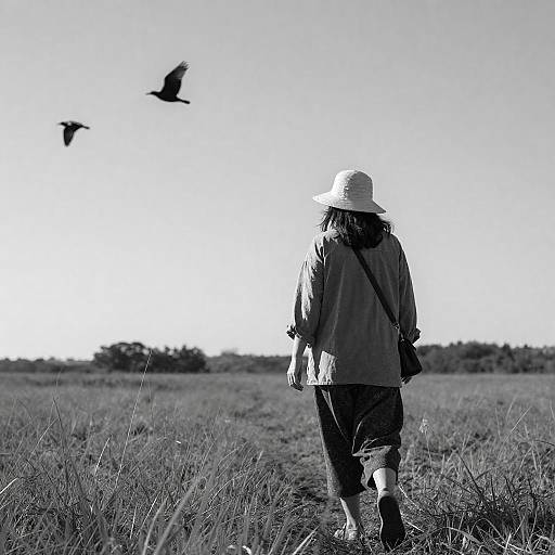 Solitary Woman in Field: Black-and-White