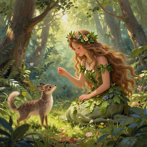 Digital fantasy illustration: Long-haired, flower-crowned fairy girl in leaf dress gently touches a curious deer in a sunlit, enchanted forest.