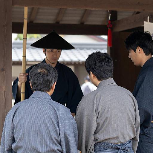 Japanese Men in Traditional Attire at Outdoor Stall