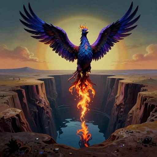 Digital artwork of a blue, fiery phoenix with outstretched wings, emerging from a chasm, with a glowing sunset in the background.