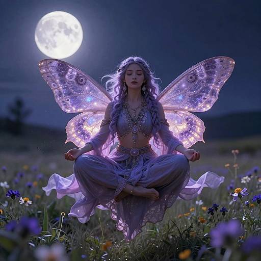 Lavender Moth Shaman in Moonlit Meadow