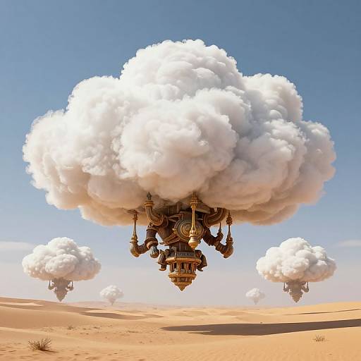 Digital artwork of floating, steam-punk cloudships with intricate machinery, hovering above a desert with clear blue sky and sandy dunes.