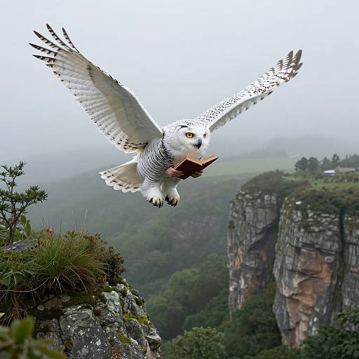 Photograph of a white owl with brown spots, wings spread wide, flying over a misty mountainous landscape, carrying a small red book in its