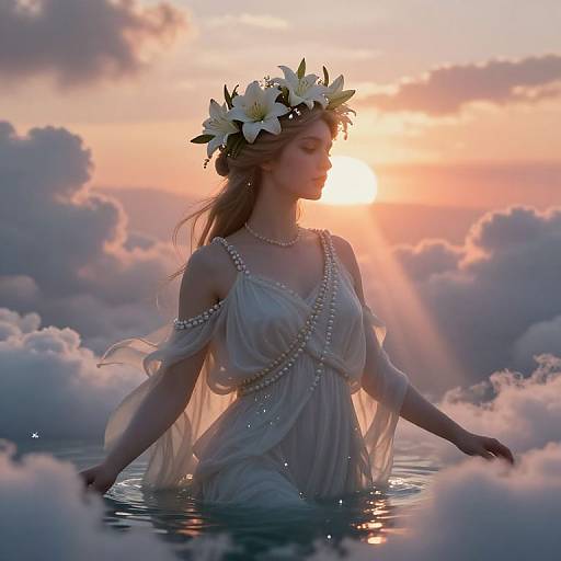 Photorealistic digital art of a serene, fair-skinned woman with a flower crown, wearing a flowing white dress, standing in water surrounded by clouds