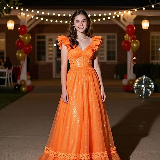 Photograph of a smiling young woman with long brown hair in a vibrant orange, ruffled, V-neck ball gown, standing on a nighttime pathway adorned