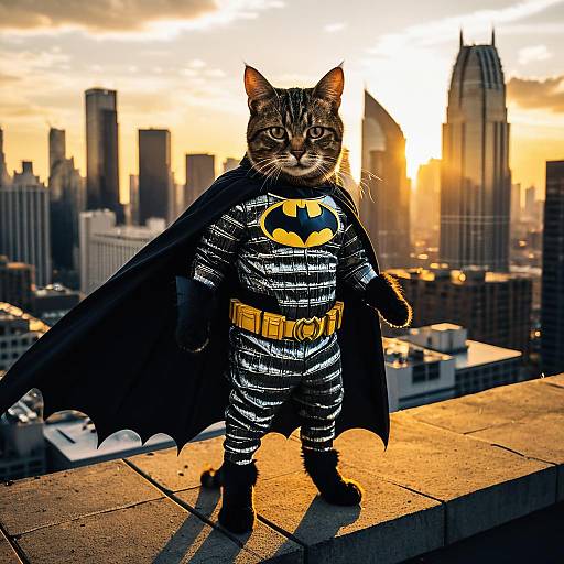 Tabby Cat in Batman Costume on City Rooftop